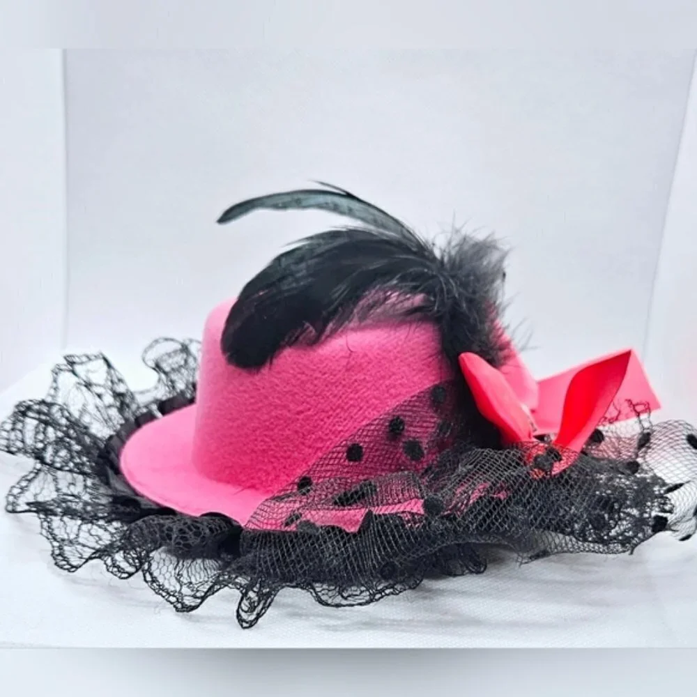 Pink Mini Top Hat Fascinator Lace Feather Derby Tea Party Costume